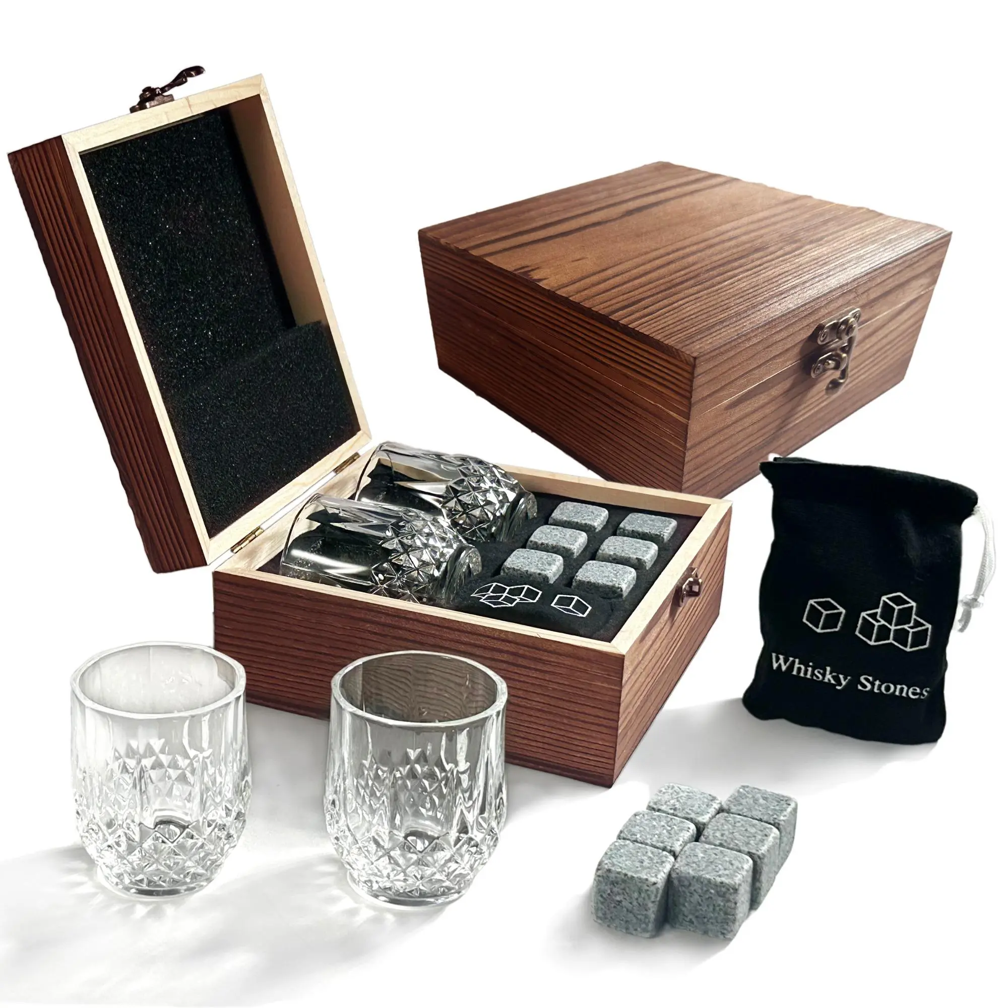 Whisky Stone & Glass Cup Gift Set, 1 Set Whisky Stone with Wooden Box & Storage Bag, Travel Accessories, Bar Accessories for Home & Party, Boyfriend Gift  [Package List as Picture Shown]