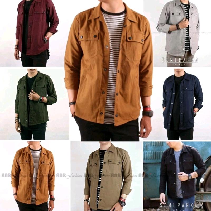 Jaket Semi Parka Casual Trucker Canvas Pria Mewah dan keren Army Hijau Maroon Mustard Hitam Biru Merah Navy Panjang Muda Kancing 0