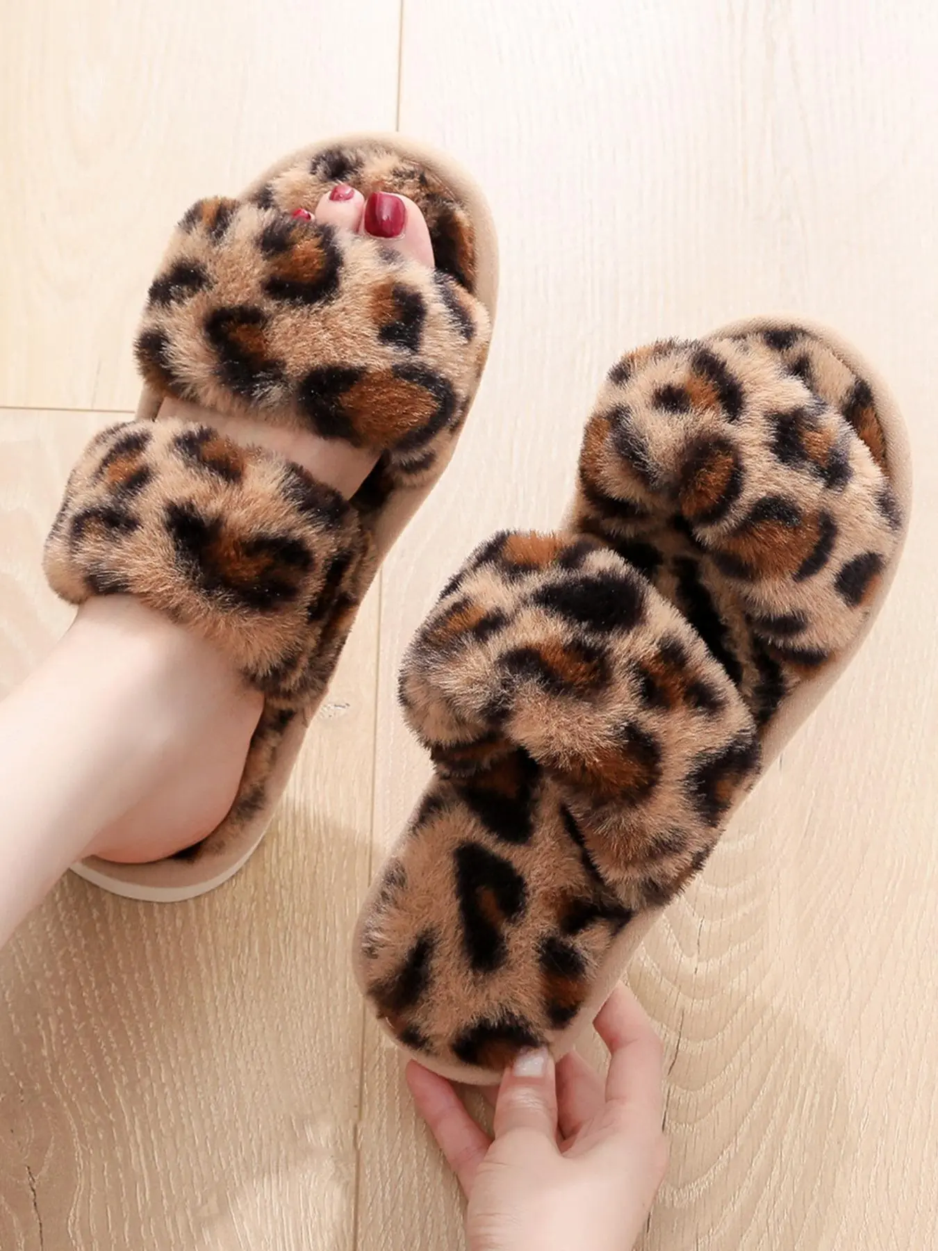 Women's Fashion Leopard Print Open Toe Plush Slippers, Soft & Warm Bedroom Slippers, Casual Cozy Home Slippers For Fall & Winter Wear