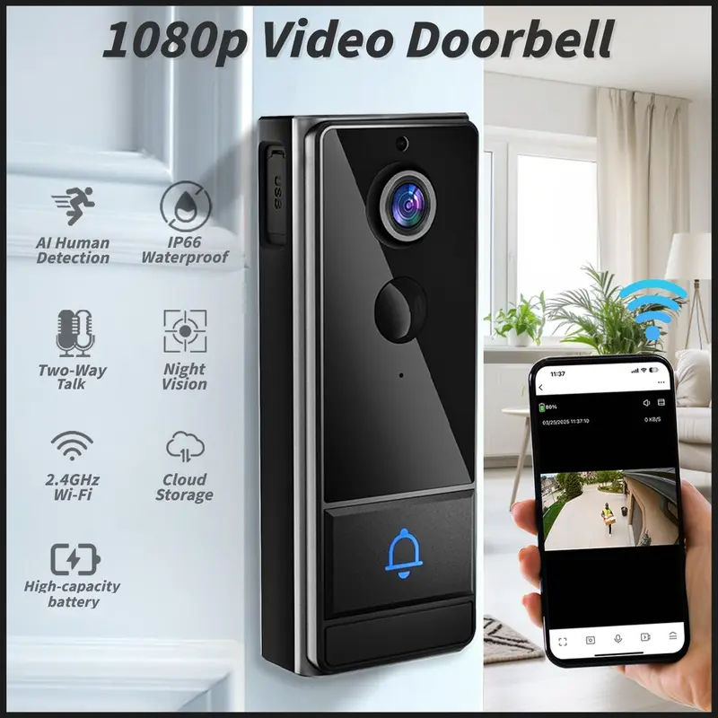 Wireless Smart Video Doorbell, 1080P HD Video Doorbell with Night Vision, Rechargeable Doorbell with PIR Motion-Detection, Home Security System 3