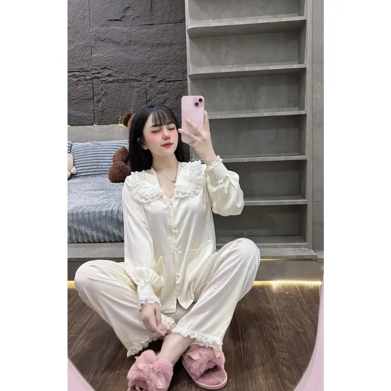 Đồ Ngủ Nữ, Đồ Bộ Tiểu Thư TAMY Pijama Tay Dài Cổ Sen Ren Tầng Chất Lụa Latin Mát Mịn - Freesize < 58Kg 6