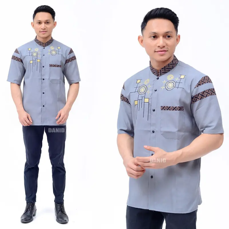 Kemeja koko lengan pendek pria dewasa motif kombinasi bordir bahan katun 7