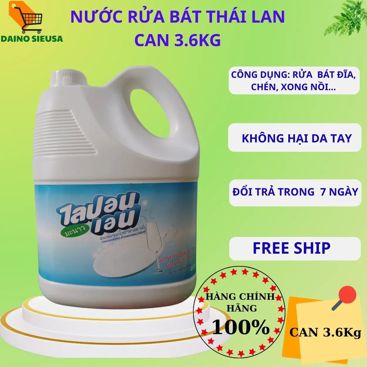 Nước rửa bát Thái Lan can 3.6Kg đặc, hương chanh, diệt 99% vi khuẩn - Shop Bố Daino Làm Sạch bột không gây dị ứng