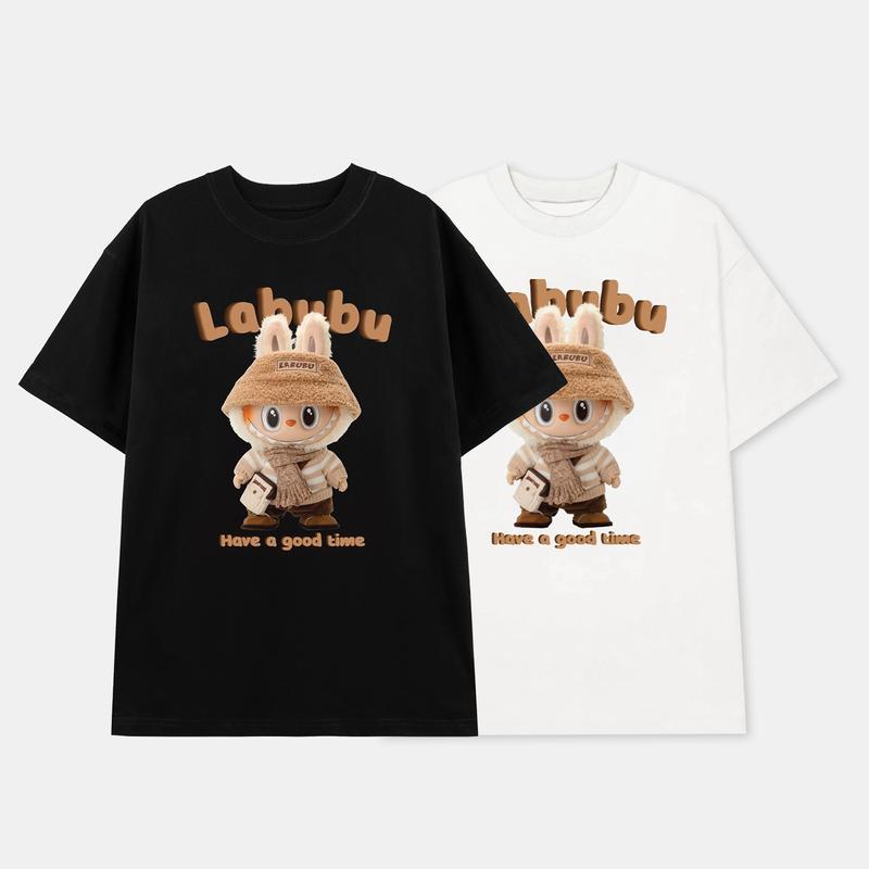 Lives - Áo Phông Nam Nữ Tay Lỡ Cotton Unisex, Áo Thun Cổ Tròn Form Rộng Basic Oversize - Labubu Đeo Túi