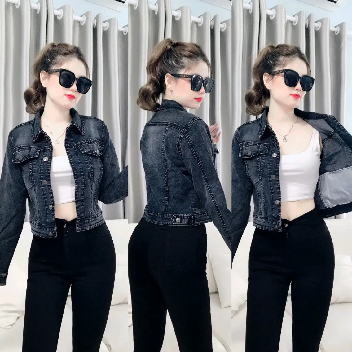 ÁO KHOÁC JEAN CAO CẤP WAS DÁNG LỬNG VẢI CO A GIÃN CÓ TÚI TRONG ( Jacket Women Top ) Jackets & Coats áokhoác xám