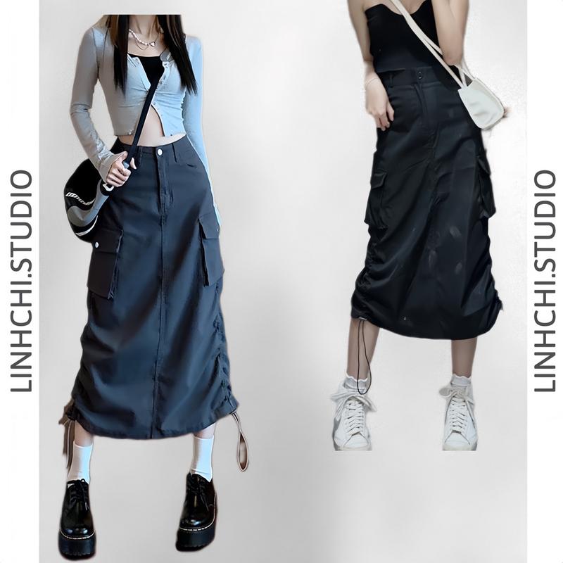 Chân váy kaki dáng dài có túi hộp rút dây 2 bên có bigsize (mã 802)_Linhchi.studio