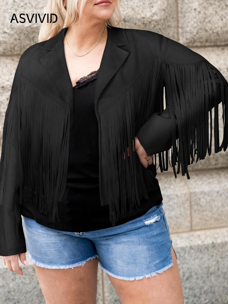 Product Introduction of 【Plus Size】 Fringe Trim Lapel Collar Jacket, Casual Long Sleeve Open Front Outerwear for Spring & Fall, Women's Clothes for Daily Wear 1