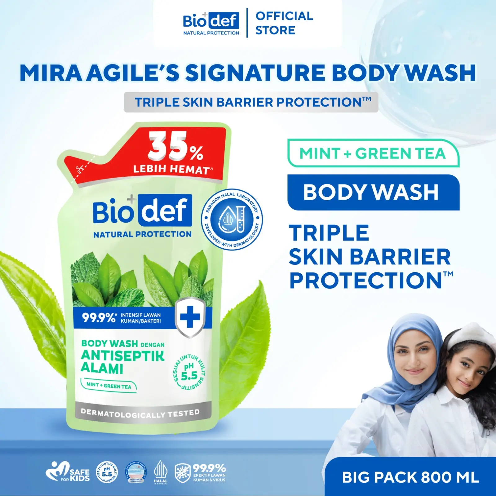 [Mira Agile's Signature] Biodef Mint - Green Tea Refill 800ml | Sabun Mandi Cair Antiseptik Aman dan Halal | Sabun Mandi Melembabkan| Sabun Mandi Cair Whitening Untuk Meredakan Jerawat Punggung, Back Acne, dan Minyak Pada Kulit