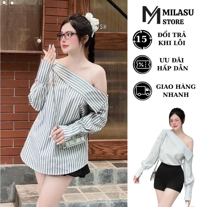 Áo sơ mi kẻ sọc lệch vai MILASU áo trễ vai form dấu quần trẻ trung năng động 281