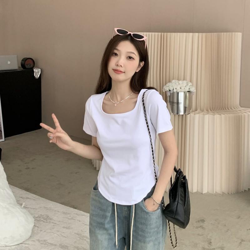 Product Introduction of [2098 Favorites] Regular Shoulder Short Sleeve T-Shirt for Women, Square Neck Top, Summer Plus Size, Regular Shoulder, Tummy Concealing, Slimming, Curved Design Top 8
