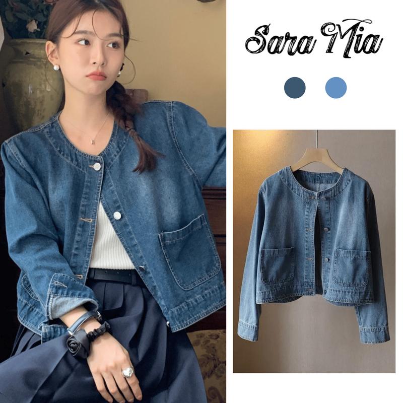 Áo khoác jean tay dài, áo khoác jean không cổ phong cách Hàn Quốc Q3