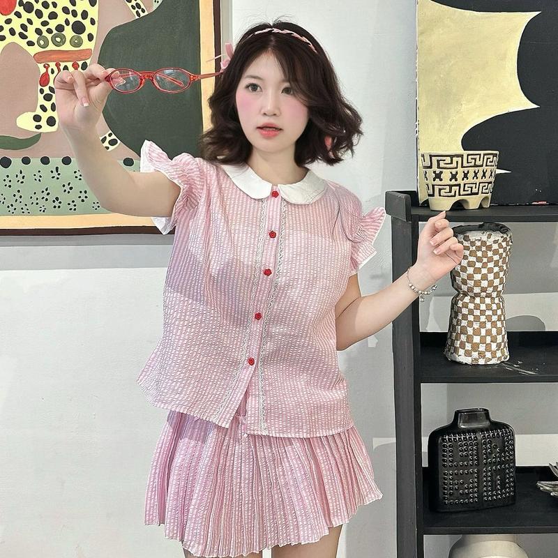 [MỚI] Bộ đồ Sơ Mi Sọc Twinkle form dáng ngắn và Chân váy xếp li Mỏng nhẹ thoáng mát, Mặc Tết , Mặc Noel ngày lễ cho nữ - Áo  Womenđồ diện Tết 2025