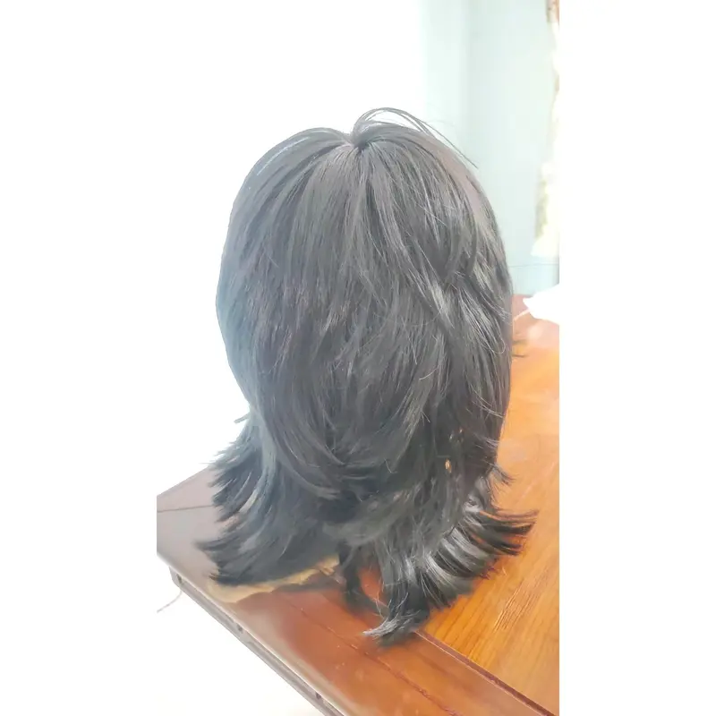 Wig ekor serigala untuk pria dan wanita dengan rambut lurus pendek dan tutup kepala penuh secara alami tampan..... 8