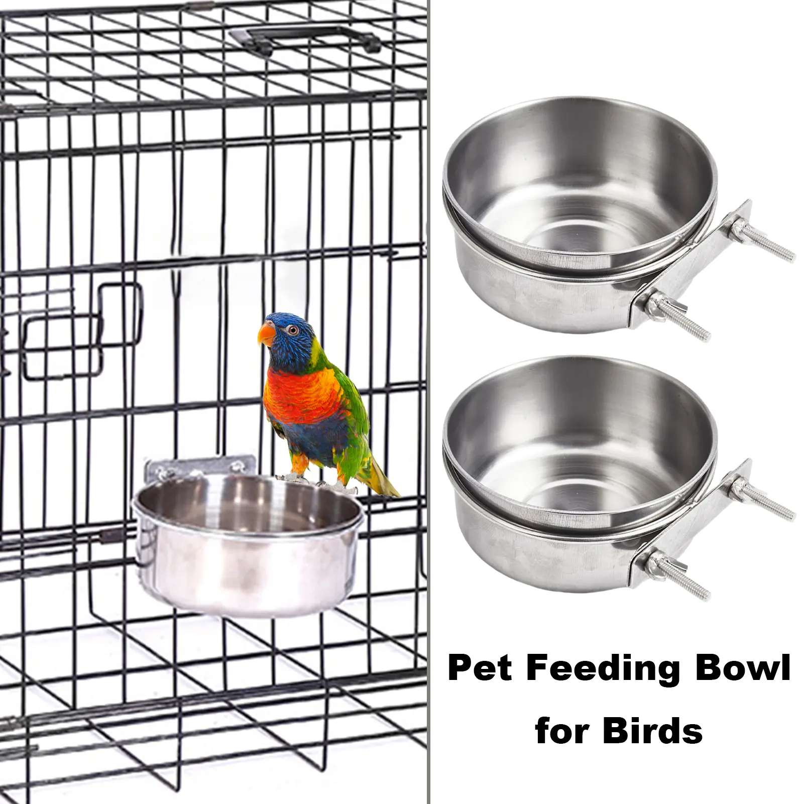 1/2Pcs Small Bird Cage Feeding Bowl with Clamp Stainless Steel Water Food Dish Pet Feeder Coop Accessories for Parrot Cockatiel Macaw Lovebirds