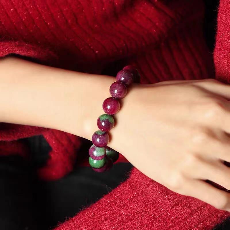 【BBGGG】 Vòng Tay Kho Báu Màu Đỏ Và Màu Xanh Lá Cây Tự Nhiên 16Mm Hạt Tròn Vòng Tay Nữ Đá Ruby Epidote Tự Nhiên 0