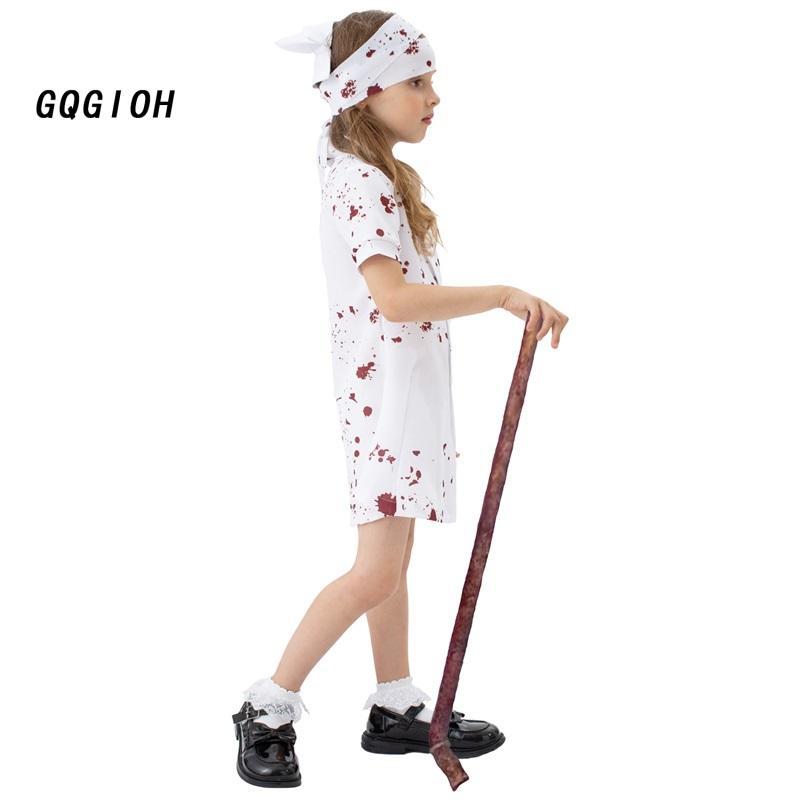 Bloody Nurse Costume for Girls Creepy Short Sleeve Dress Hat Set 8