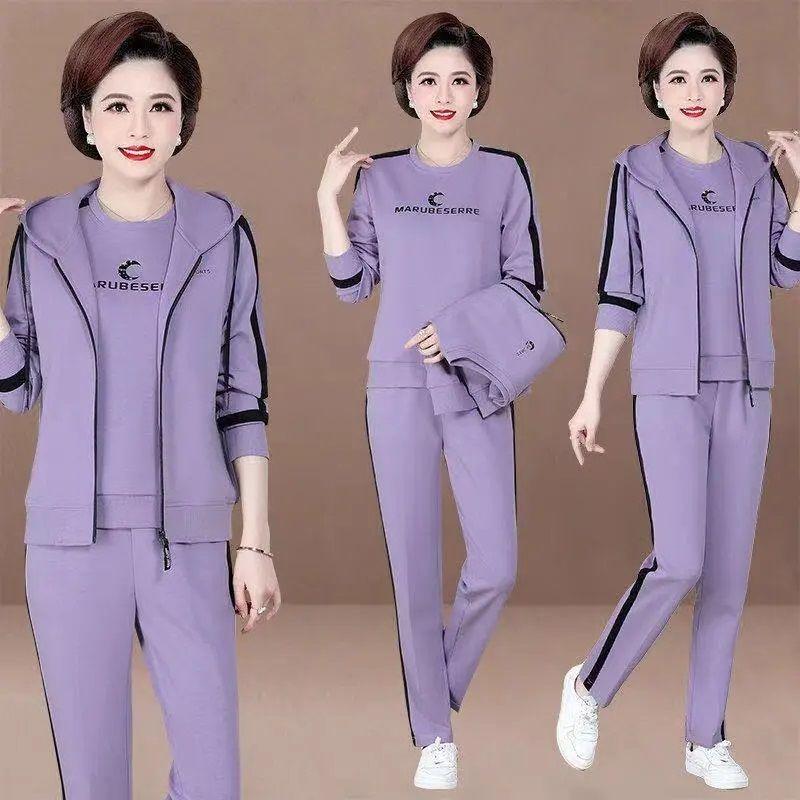 Bộ Đồ Quần Áo Thể Thao Cho Mẹ, Ba Mảnh, Cho Phụ Nữ Trung Người Già Và Cao Tuổi, Áo Len Thời Trang, Có Mũ Trùm Đầu, Ngoại Cỡ, Dáng Rộng Vừa Vặn, Thích Hợp Cho Mùa Xuân Và Mùa Thu, Đồ Mặc Ở Nhà 3