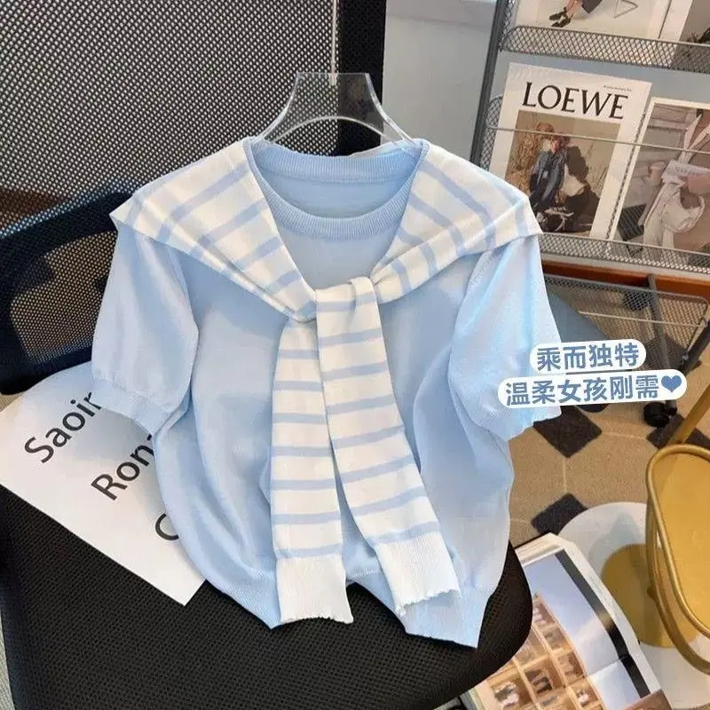 Đồ Len, Ngắn Tay, Màu Trắng, Hàng Mới Về Mùa Hè, Với Khăn Choàng Sọc, Thiết Kế Đẹp, Áo Hai Mảnh Độc Đáo Áo Thun Nữ 1