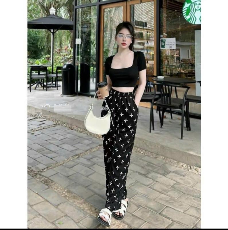 Quần Ống Suông  Quần Ống Rộng Chất Lụa Mềm Mát Không Nhăn Hoạ Tiết Mới Cạp Chun Dài 100cm Nữ Women giặt bằng nước lạnh năng động 1