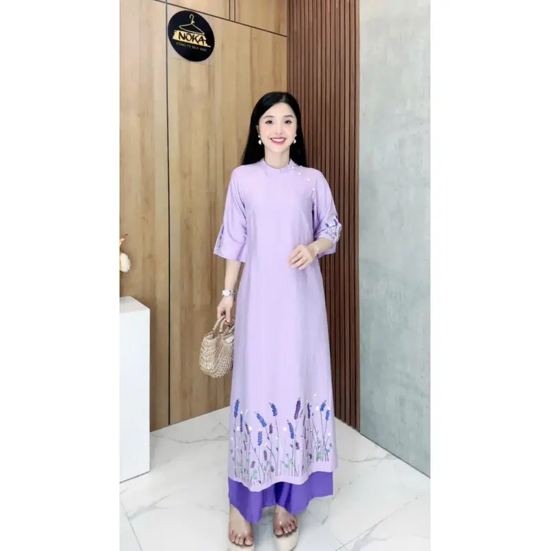 SET Áo dài cách tân Noka AD146, dáng suông che khuyết điểm, chất liệu đũi tơ hàn mát, mềm, nhẹ, size S-2XL - Women, Nữ 1