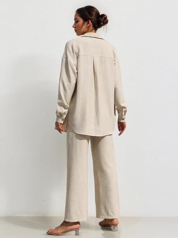 Women's Solid Button Front Shirt & Tie Front Wide Leg Pants Two-Piece Set, Casual Drop Shoulder Long Sleeve Top & High Waist Trousers for Summer, 2 Piece Sets Women, Ladies Clothes for Daily Wear 2