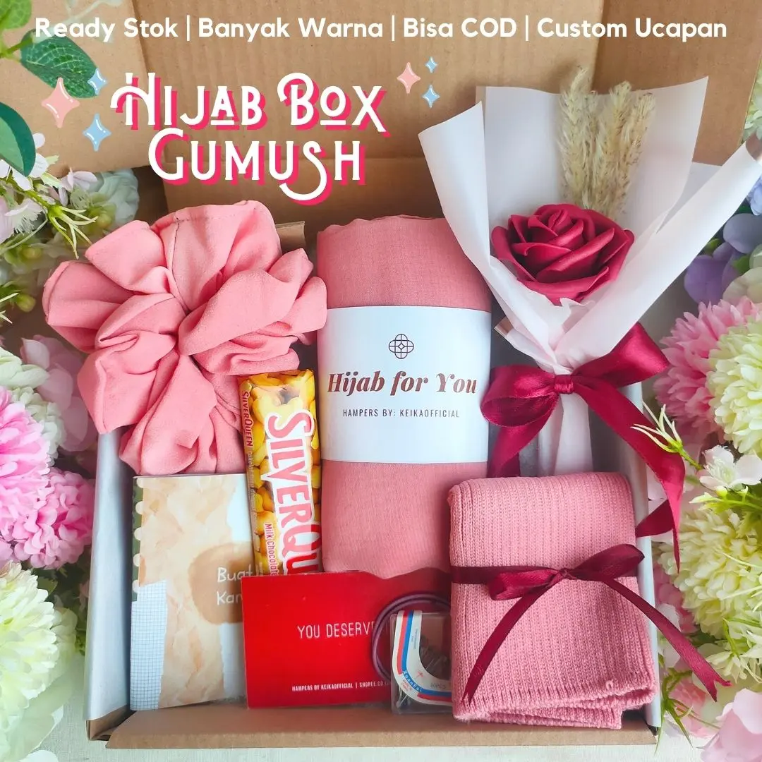Hampers Hijab Box Gumush | Hampers kerudung Paket Kado Hijab Kado Kerudung Cewek Hampers Jilbab Bella Square Segi empat hadiah Wisuda Ultah ulang tahun Parcel Lebaran Hampers Idul Fitri