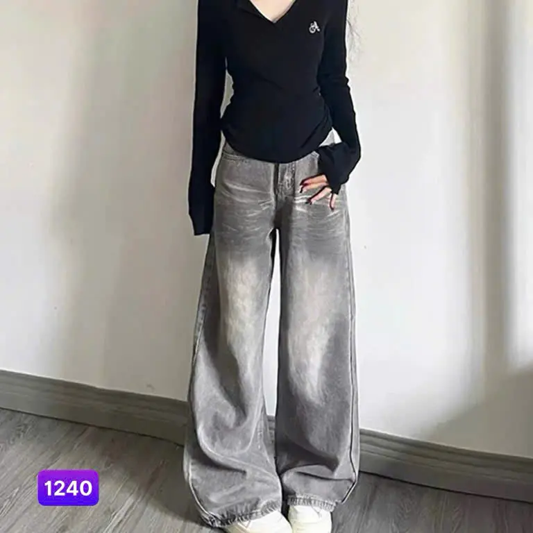 Quần baggy jean nữ màu xám mẫu mới ống rộng cạp cao form suông tôn dáng phong cách trẻ trung, cá tính - Tranzystore BGNU1240