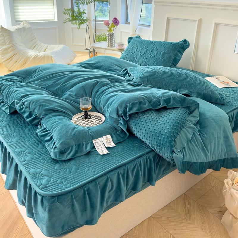 Bộ Chăn Ga Gối Nỉ Tuyết Sữa Bèo Ren Điệu Đà Hoạ Tiết Trần Nổi Chăn Trần Bông Nguyên Tấm