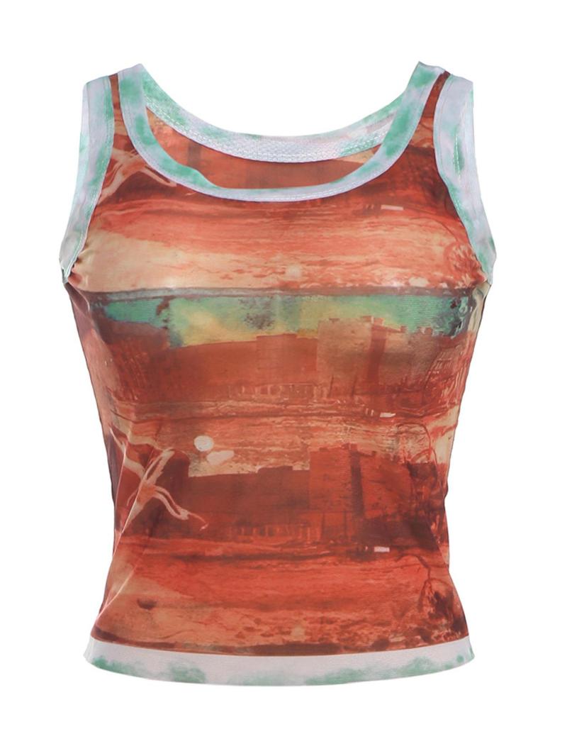 Product Introduction of Women's Landscape Print Contrast Binding Crop Tank Top, Street Fashion Casual Sleeveless Round Neck Top for Daily Outdoor Wear, Ladies Clothes for Summer 15