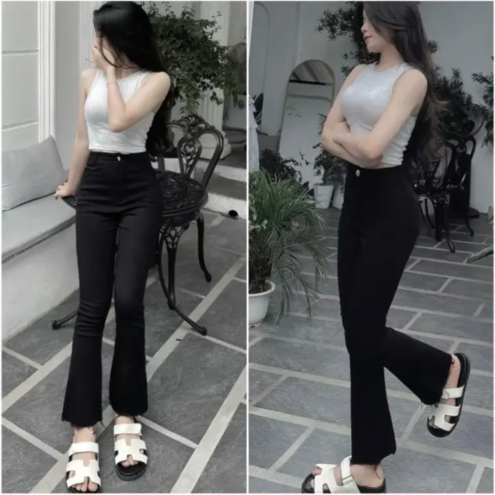 [Mua có Quà]Quần Jean ống loe cạp cao vải bò giấy co giãn màu Đen trơn - Quần tây ống loe đi học công sở tua gấu rách lưng cao