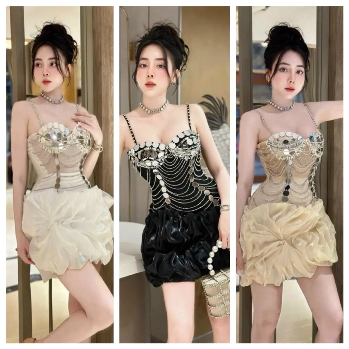 ĐẦM BODY 2 DÂY KẾT TUA ĐÁ GƯƠNG Dress Women Kem Nữ Trắng