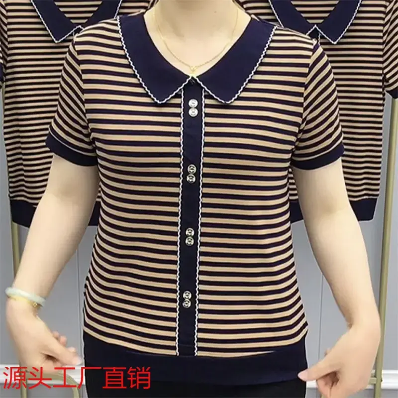 Quần Áo Mùa Hè Cho Mẹ TRUNG NIÊN, Áo Phông ngắn Tay Thời Trang, Dành Cho Phụ Nữ, Hàng Mới Về, Ngoại Cỡ Mỏng, Sọc, Áo Sơ Mi Nữ