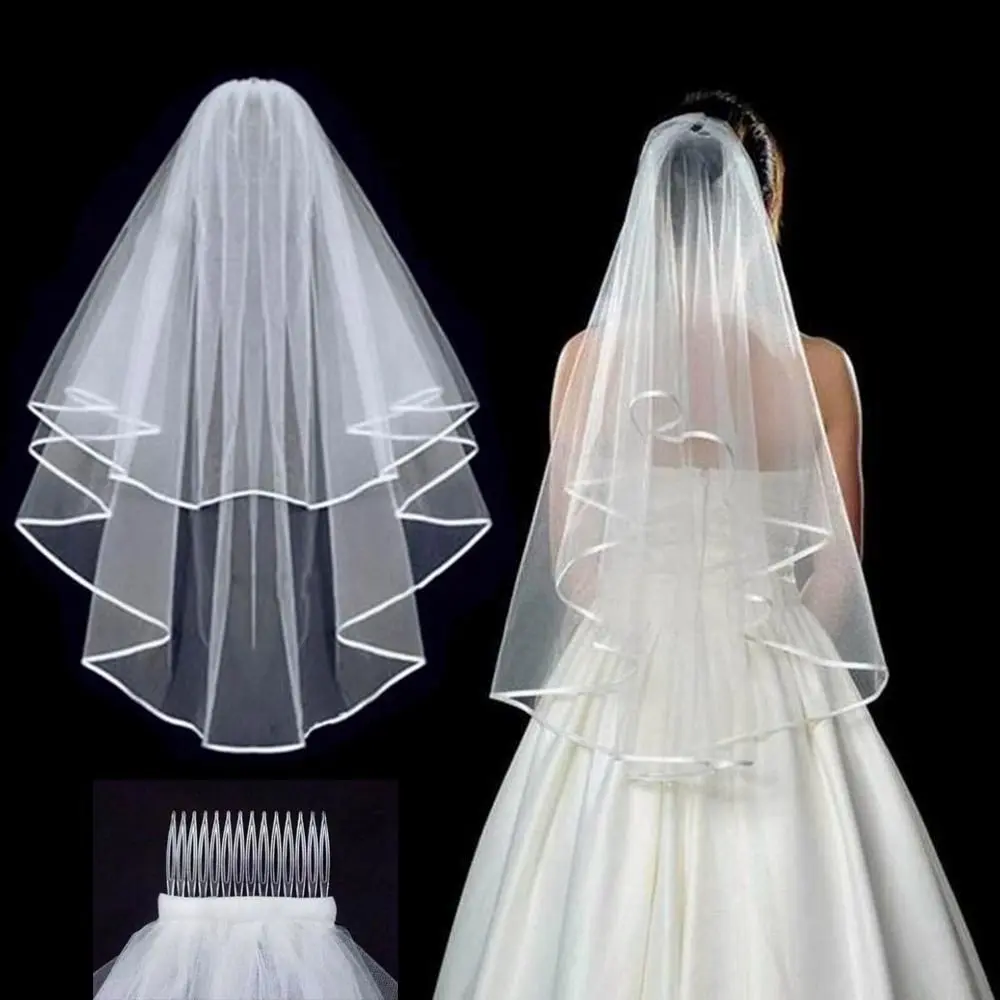 Tudung Perkahwinan, Baru, Gading Putih, Labuh Renda Dua Lapisan Mudah, Labuh Pengantin, Tulle Wanita, Dengan Sisir