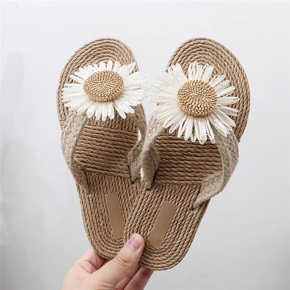 walking sandals sandals for beach Women's Faux Straw Sandals with Hemp Sole for Travel Trendy Outdoor Flip-Flops Stylish Beach Flower Flip-Flops