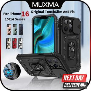 Rugged Protective Case For iPhone 16e 16 Pro Max 15 14 Plus Sliding Camera Cover Casing Ring Stand