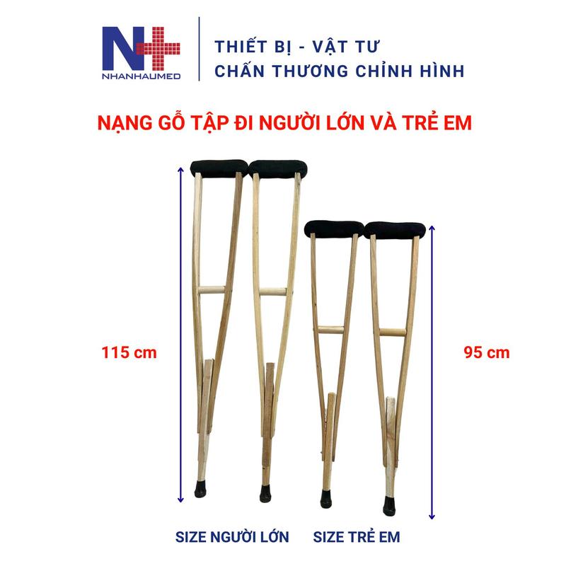 Nạng Gỗ Chống Nách Trẻ Em và Người Lớn Tập Đi Đế Cao Su Chống Trượt Tay Lót Đệm Êm - Nạn Gỗ