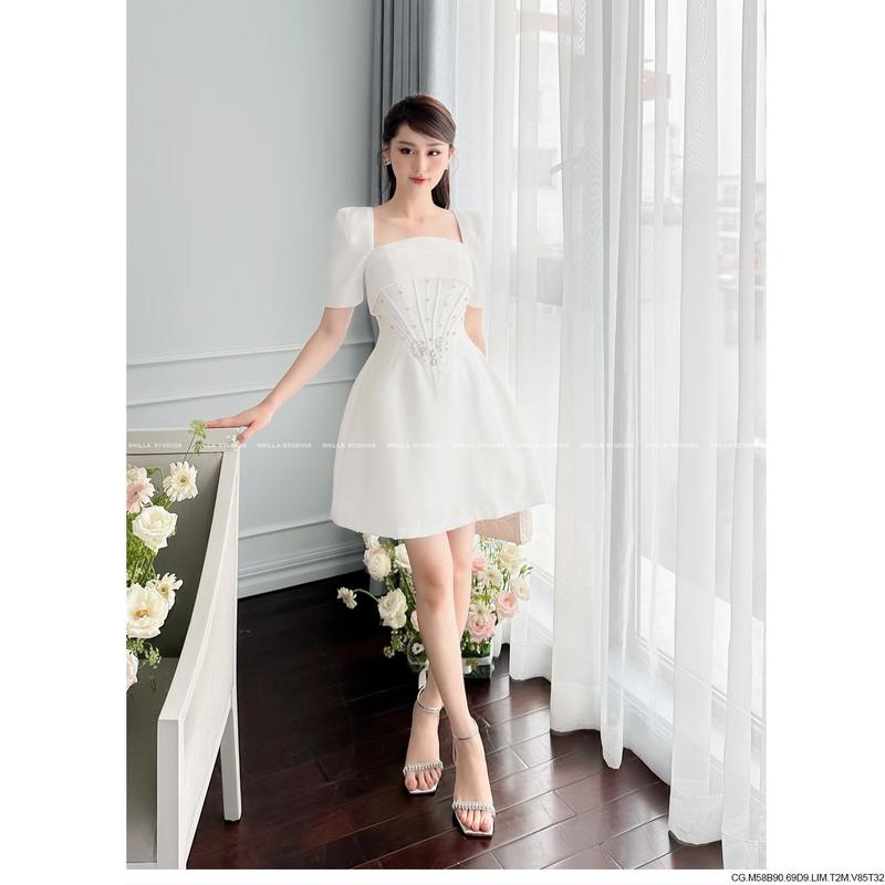 The Shilla - M58B90.69D9 - Đầm thiết kế cao cấp cổ vuông đính kết tôn dáng - Hình chụp thật 100% 2