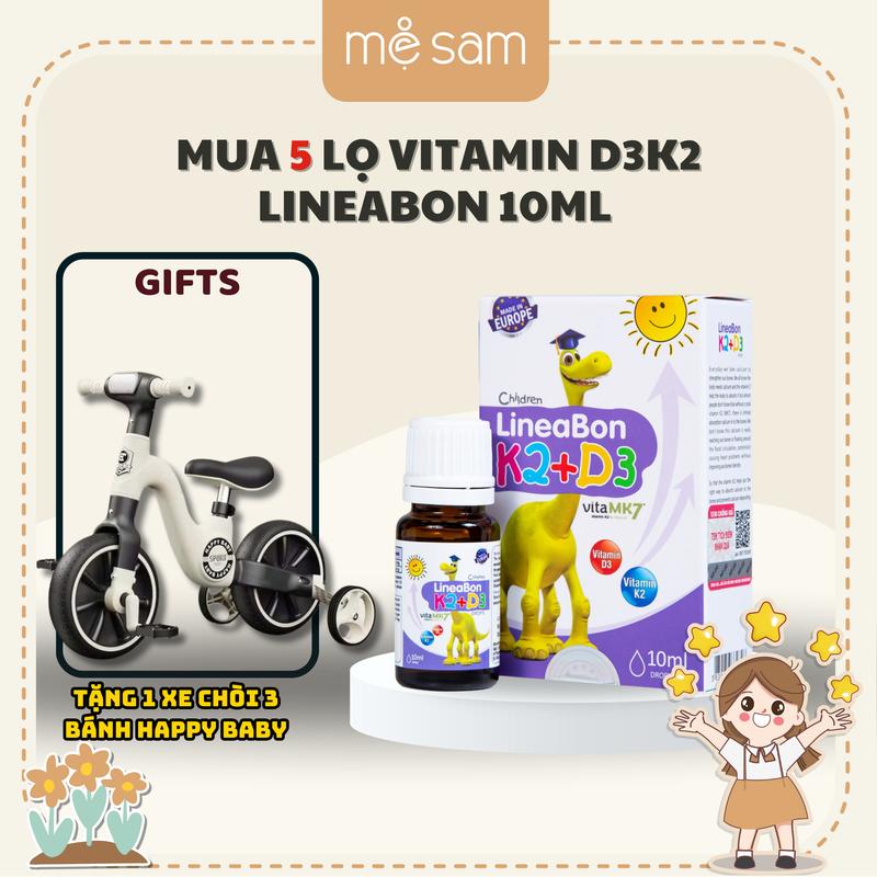 [TẶNG 1 XE CHÒI 3 BÁNH HAPPY] Combo 5 Lọ LineaBon vitamin D3 K2 10ml - Vitamin tăng chiều cao cho bé chính hãng