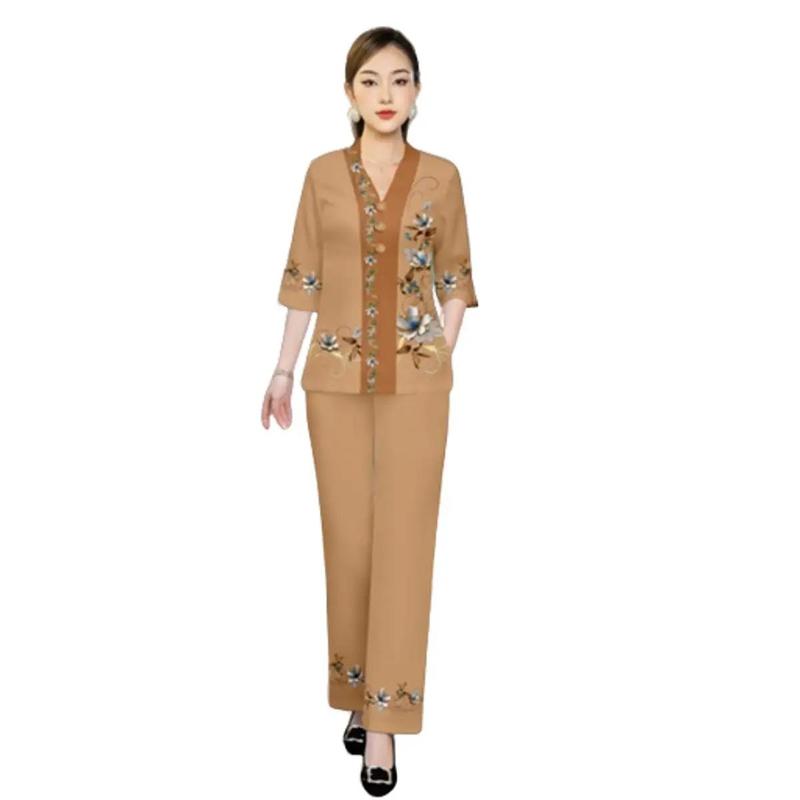 Đồ bộ lụa bà lai in hoa trung niên áo kiểu nữ,set đồ nữ đẹp  tay lỡ quần dài dành cho mẹ và bà, bộ ngủ nữ mặc nhà, áo kiểu nữ đang hot 2025