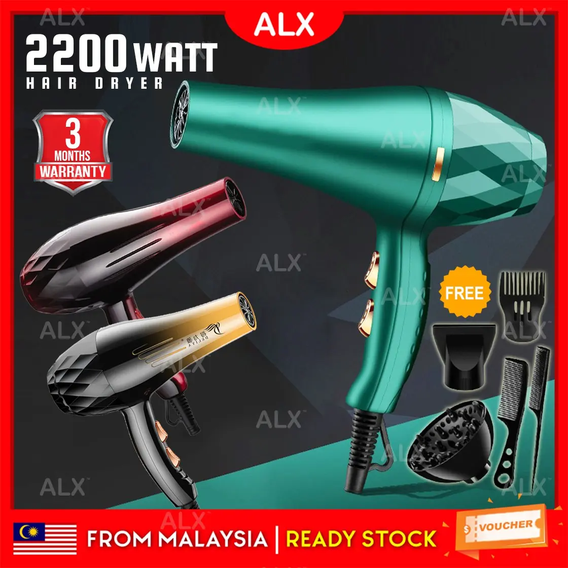 ALX 2200W Hair Dryer Strong Wind Ionic Senang Dibawa Berkuasa Pengering Rambut dgn Aksesori