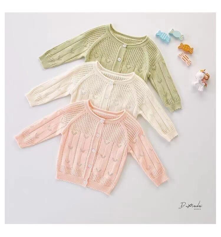 Product Introduction of 2024 Girl's Knitted Cardigan Spring/Summer Thin Office Cardigan Outwear Baby and Infant Sun Protection Shirt Hollow out Coat 1