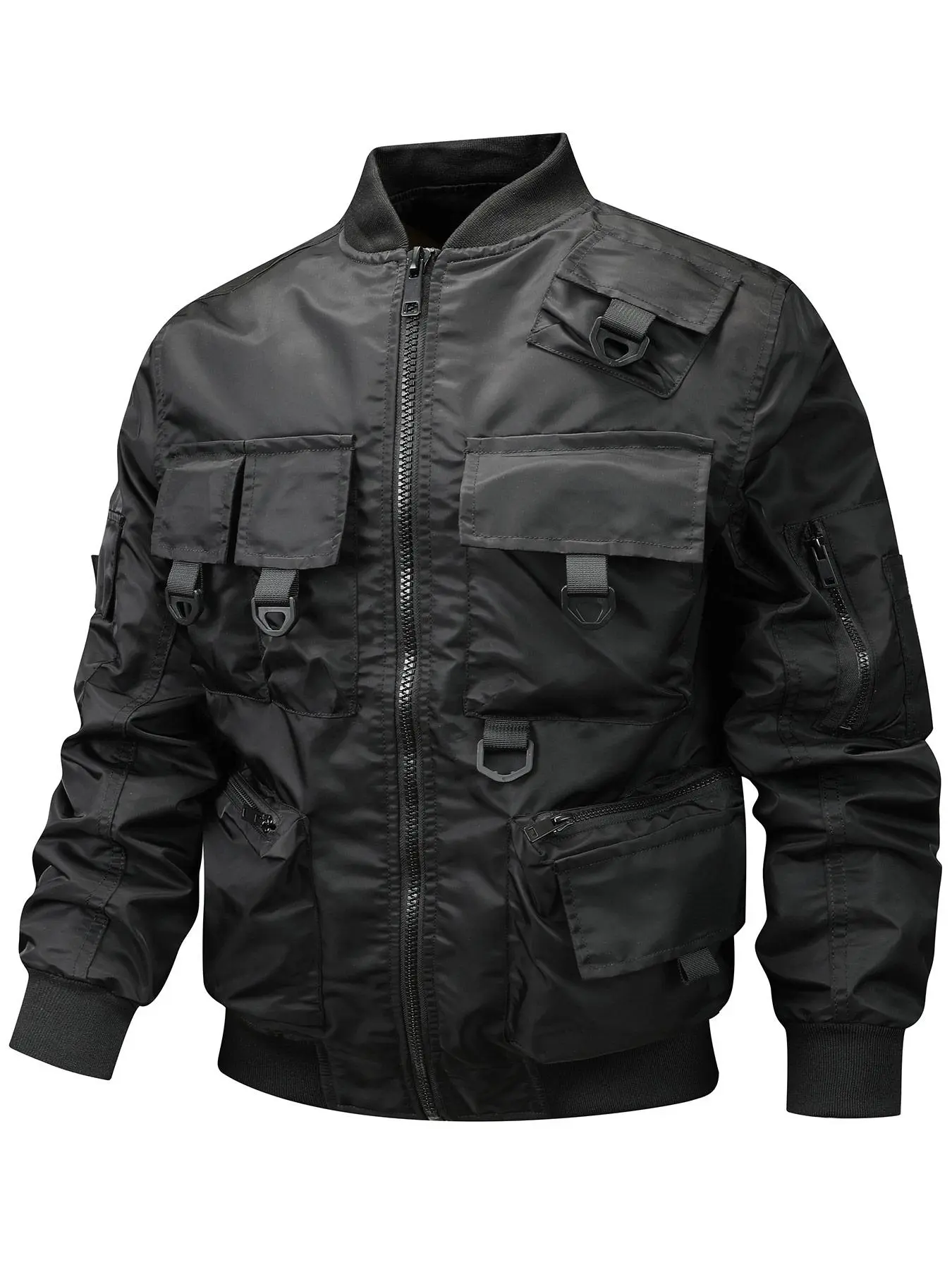 Men's Solid Pocket Zip Up Jacket, Regular Fit Casual Long Sleeve Stand Collar Outerwear for Fall & Winter, Men's Clothes for Outdoor Activities