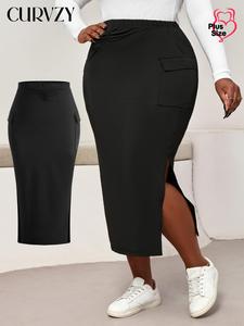 CURVZY Plus Size Solid Pocket Split Thigh Pencil Skirt, Casual Elastic Waist Midi Skirt for Daily Wear, Women's Bottoms for All Seasons