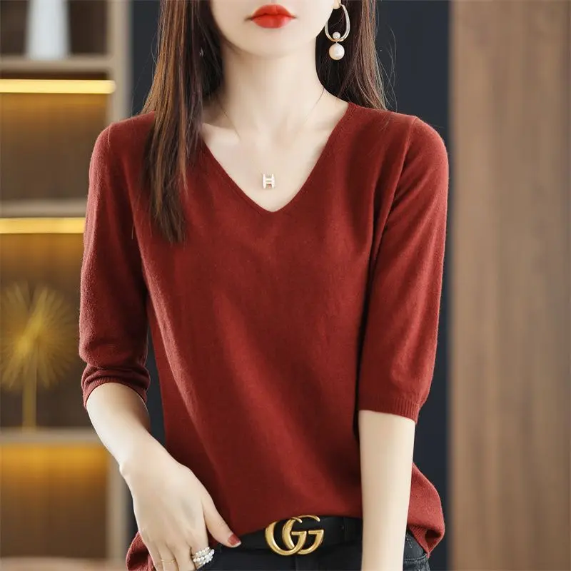 Áo Chui Đầu Cổ Chữ V, Tay Lửng, Mùa Xuân Và Mùa Hè Mới, Áo Sơ Mi Nữ, Phong Cách Hàn Quốc, Dáng Rộng Vừa Vặn, Áo Thun Len Dệt Kim Phong Cách Phương Tây, Áo Sơ Mi Nữ, Mỏng, Quần Áo Nữ Women Top 7