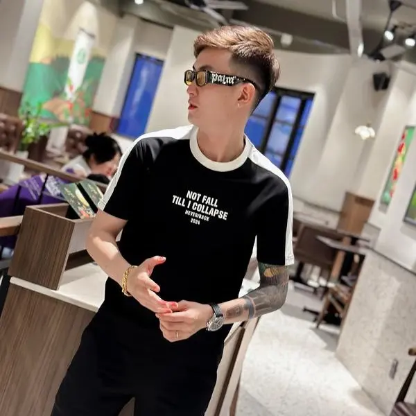 Áo thun nam cổ tròn phối in chữ vải cotton dày dặn mặc mát fom vừa hot trend áo không cổ nam Menswear Shirt 1