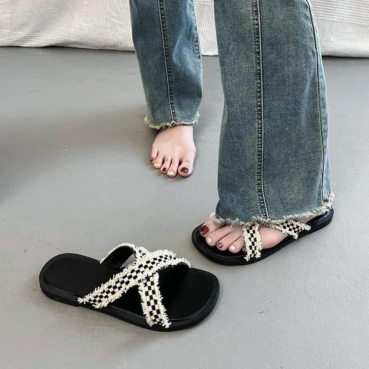 Flip-flops, square toe, black and white check, fashion, slip-on sandals