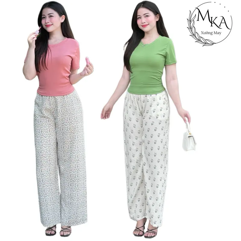 {MKA} Sét Bộ Bông Hoa Nhí Vãi Đủi Quần ống Suông Áo Thun Tăm Lạnh Dễ Thương Nữ Women Ong Top Voi 5