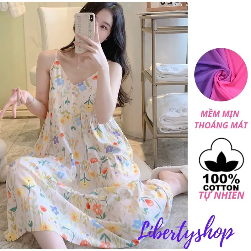 Váy Ngủ, Đầm Mặc Nhà 2 Dây Cổ V Dáng Xoè Chất Liệu Lanh Siêu Mềm Mát Mịn, Hàng Quảng Châu Freesize 47-75kg 1