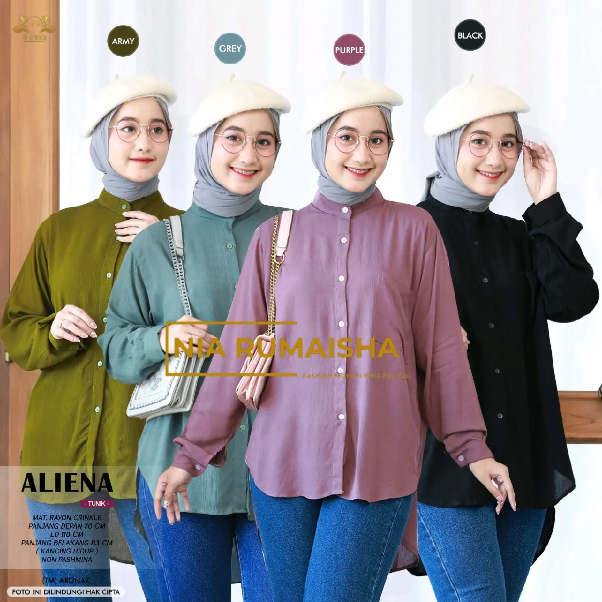 Aliena tunik by NIA RUMAISHA (atasan blouse kemeja polos bahan rayon crincle)