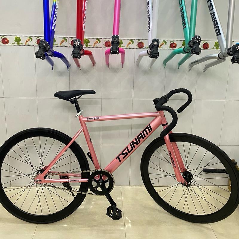  Xe đạp thể thao fixed gear & single speed tsunami hồng gold bánh đen   kèm strap và đồ lắp  